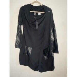 NWT Blanknyc Button Drape Front Cardigan Women Size M Black Cotton/Faux Leather